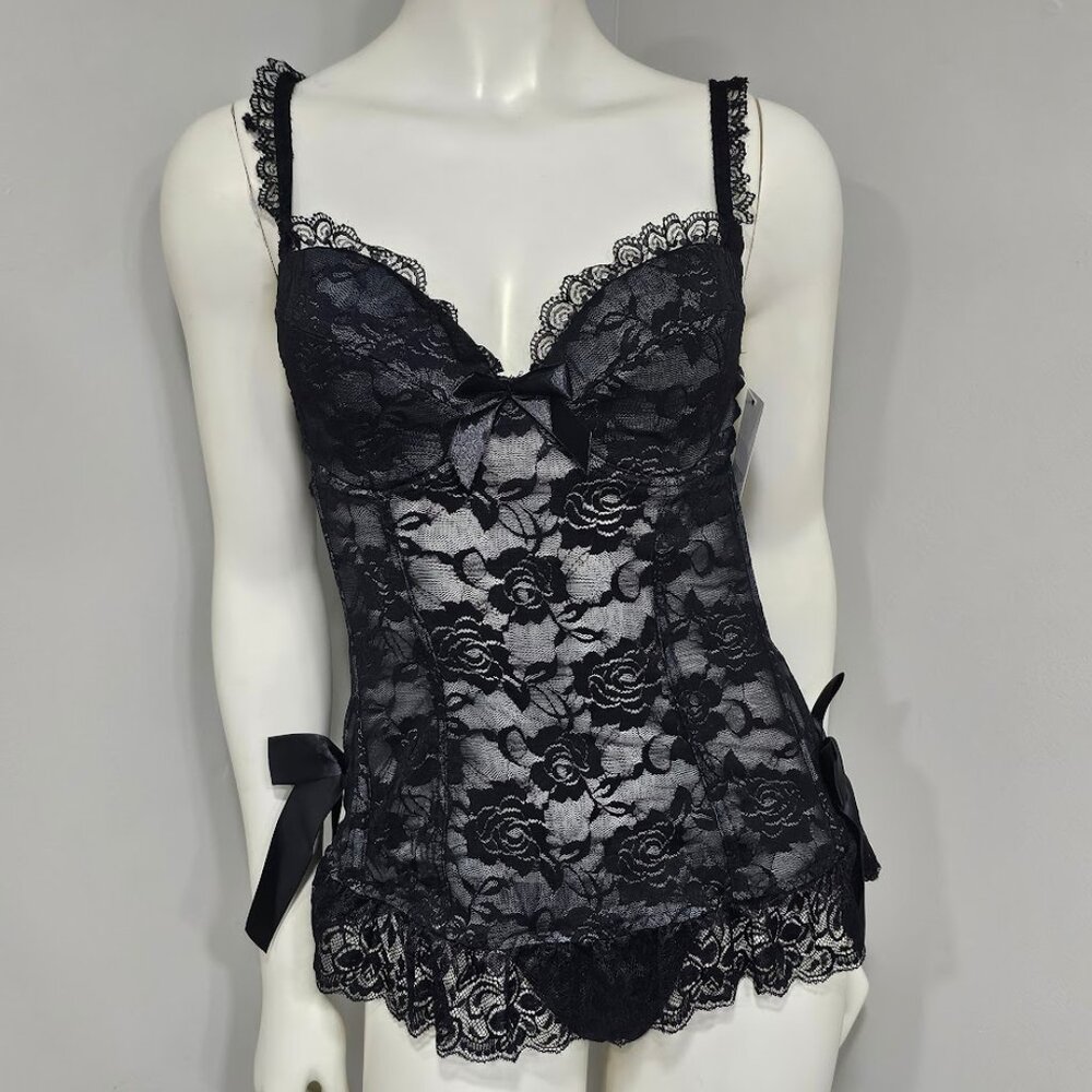 Rene Rofe Floral Babydoll Bow Lingerie Set Black Size Large